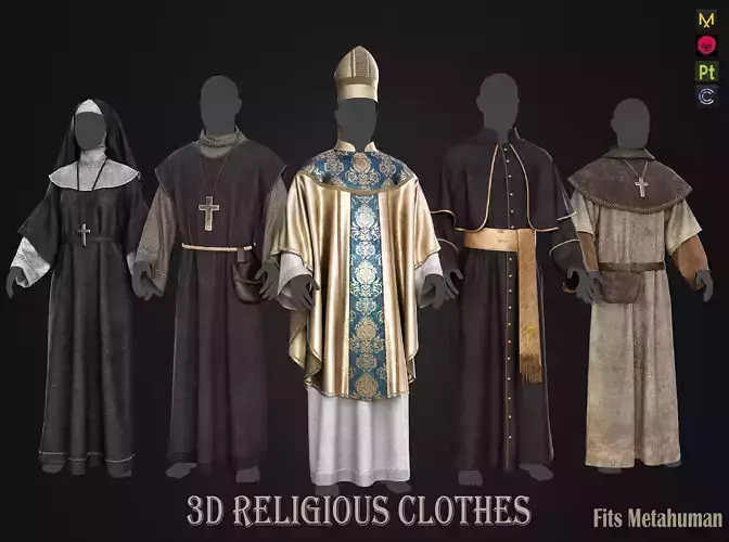 3D Medieval Religious clothing Monk Nun Priest and Bishop   3D model