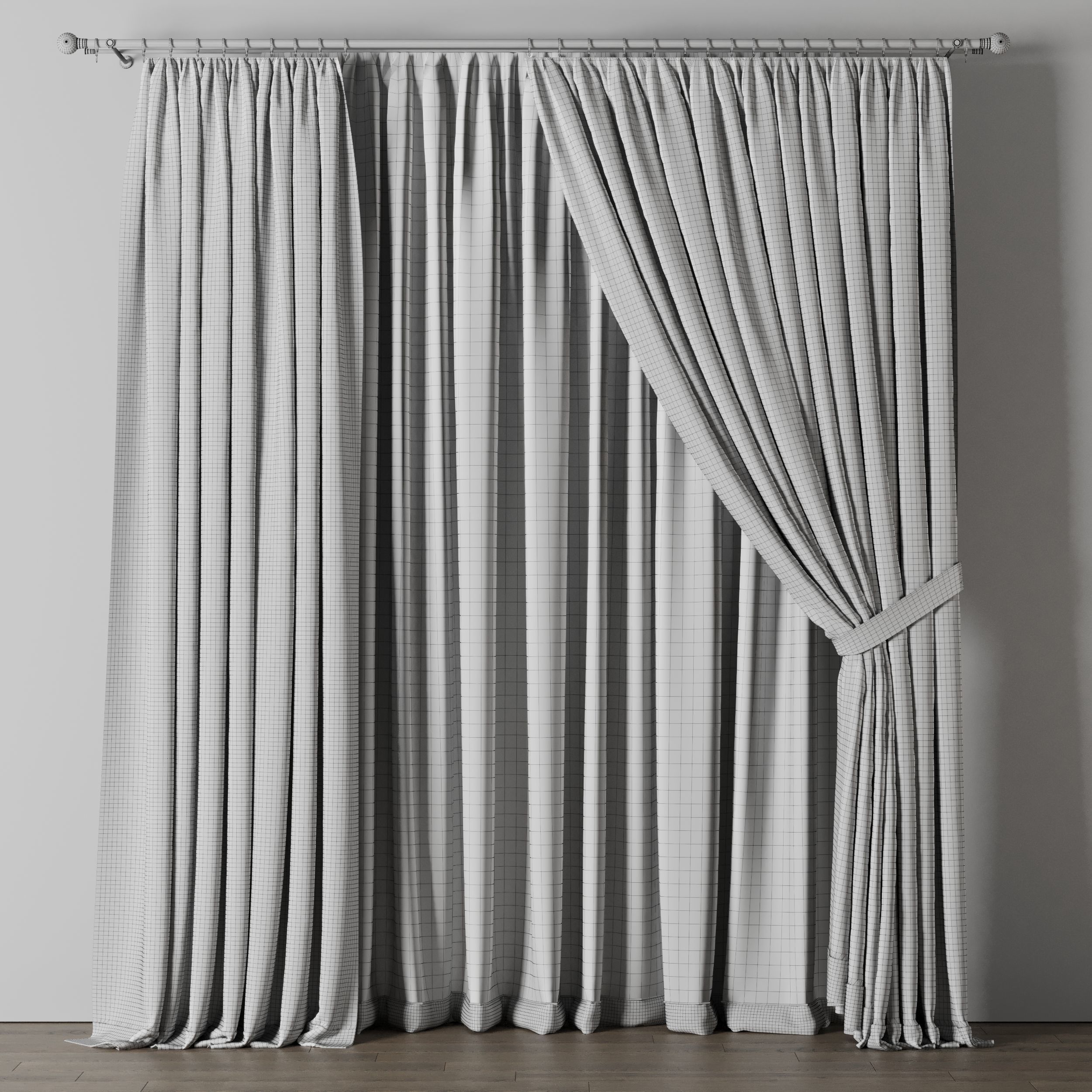 Classic Curtain with rod 07 Gray Curtain Low-poly 3D model_3