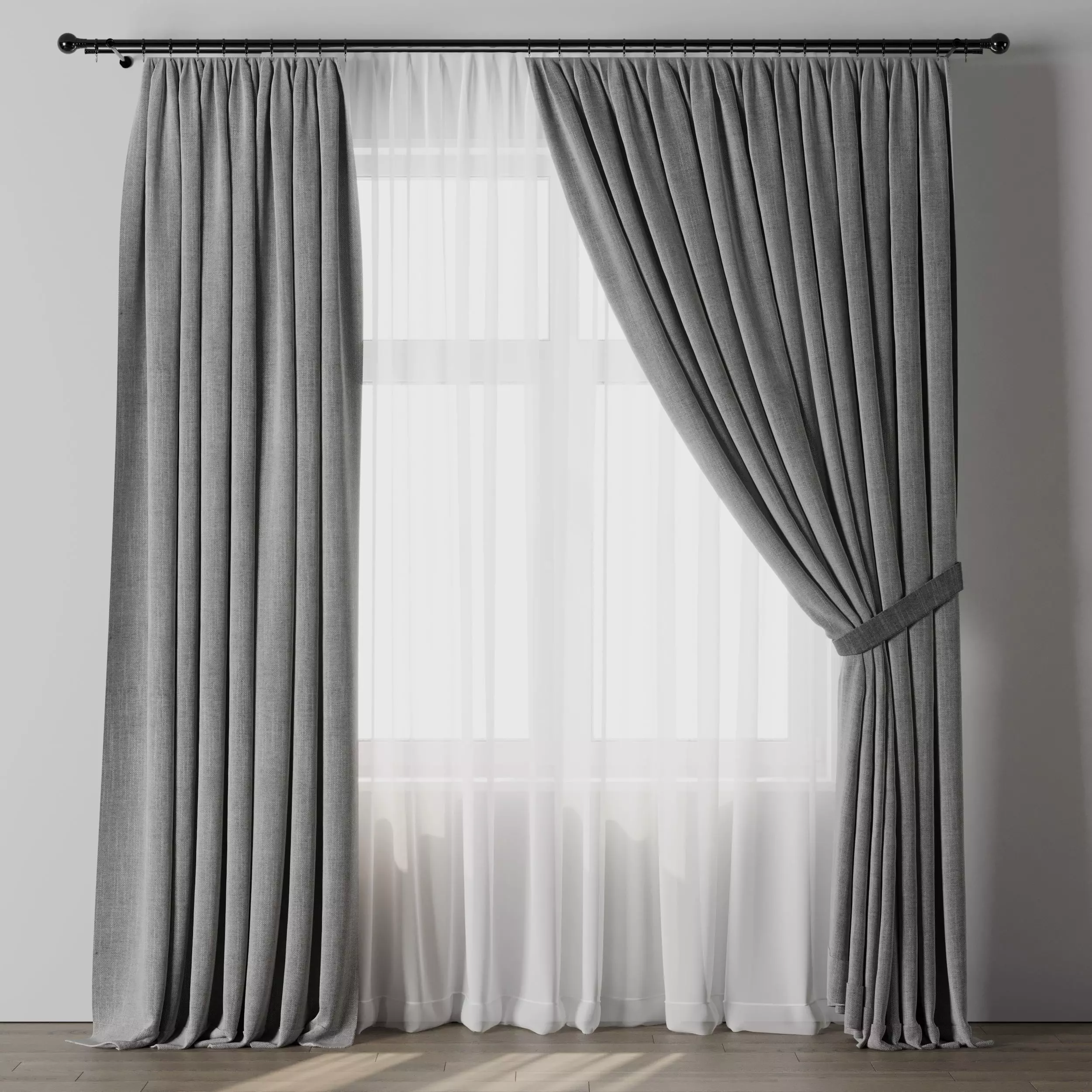Classic Curtain with rod 07 Gray Curtain Low-poly 3D model_0