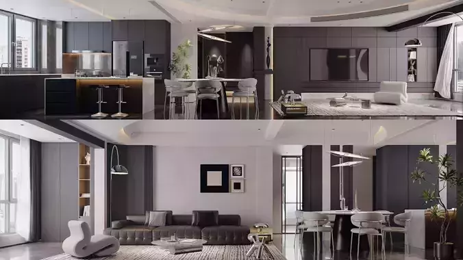 Modern and stylish living room and dining room