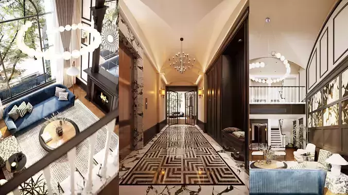 American style villa  living room  dining room study kitchen-cr