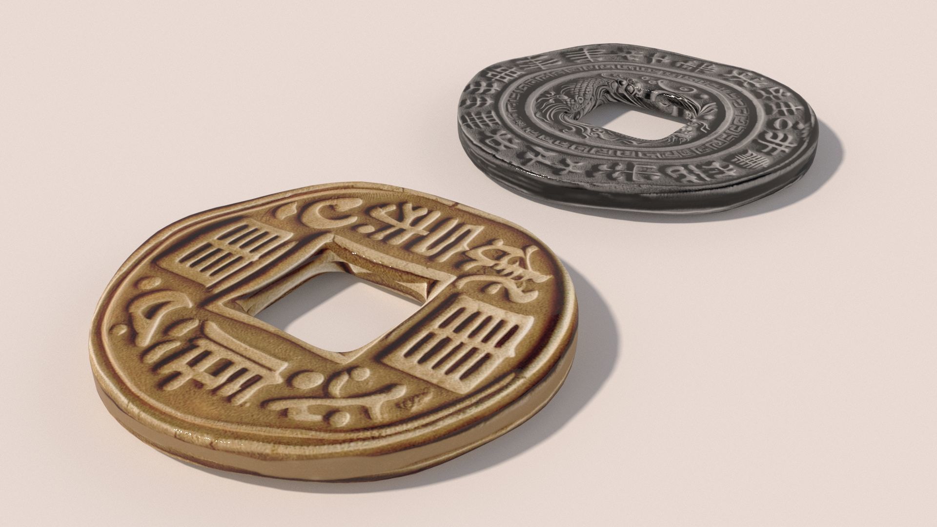 Ancient Chinese Coins Gold Silver 3D model_1