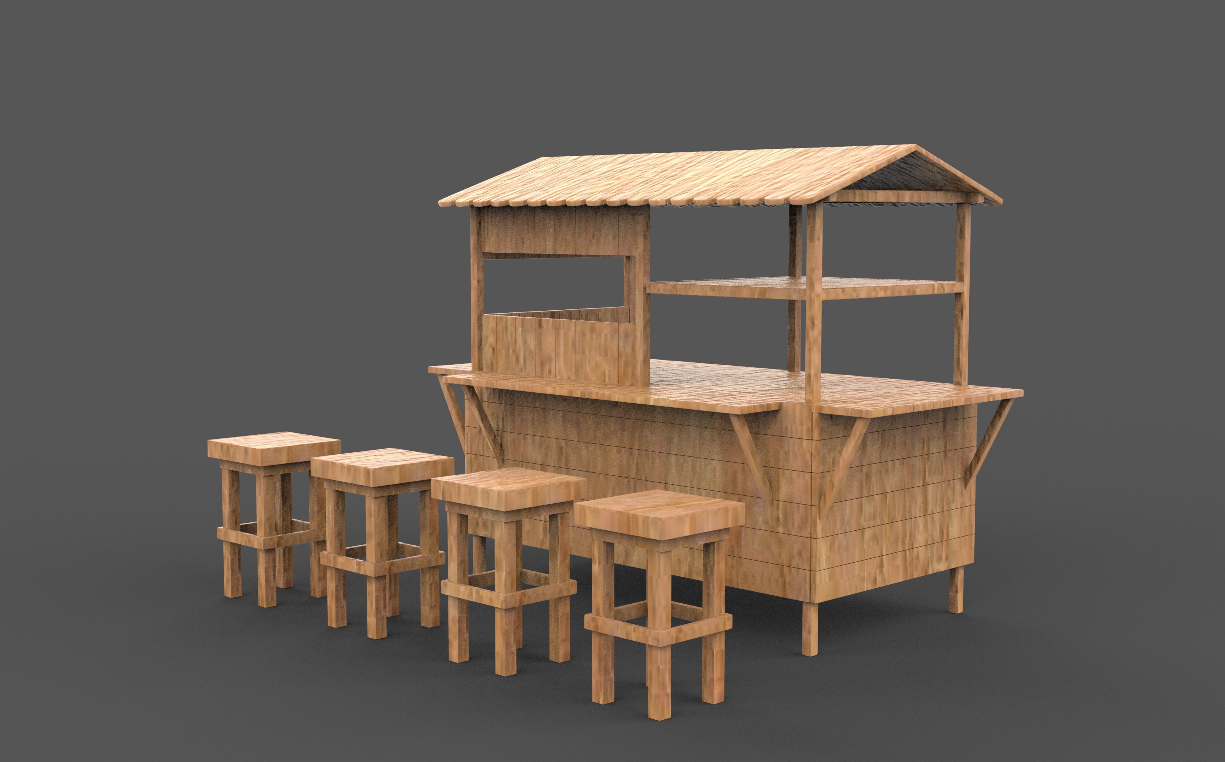 Wooden Cart with Canopy 3D model_4