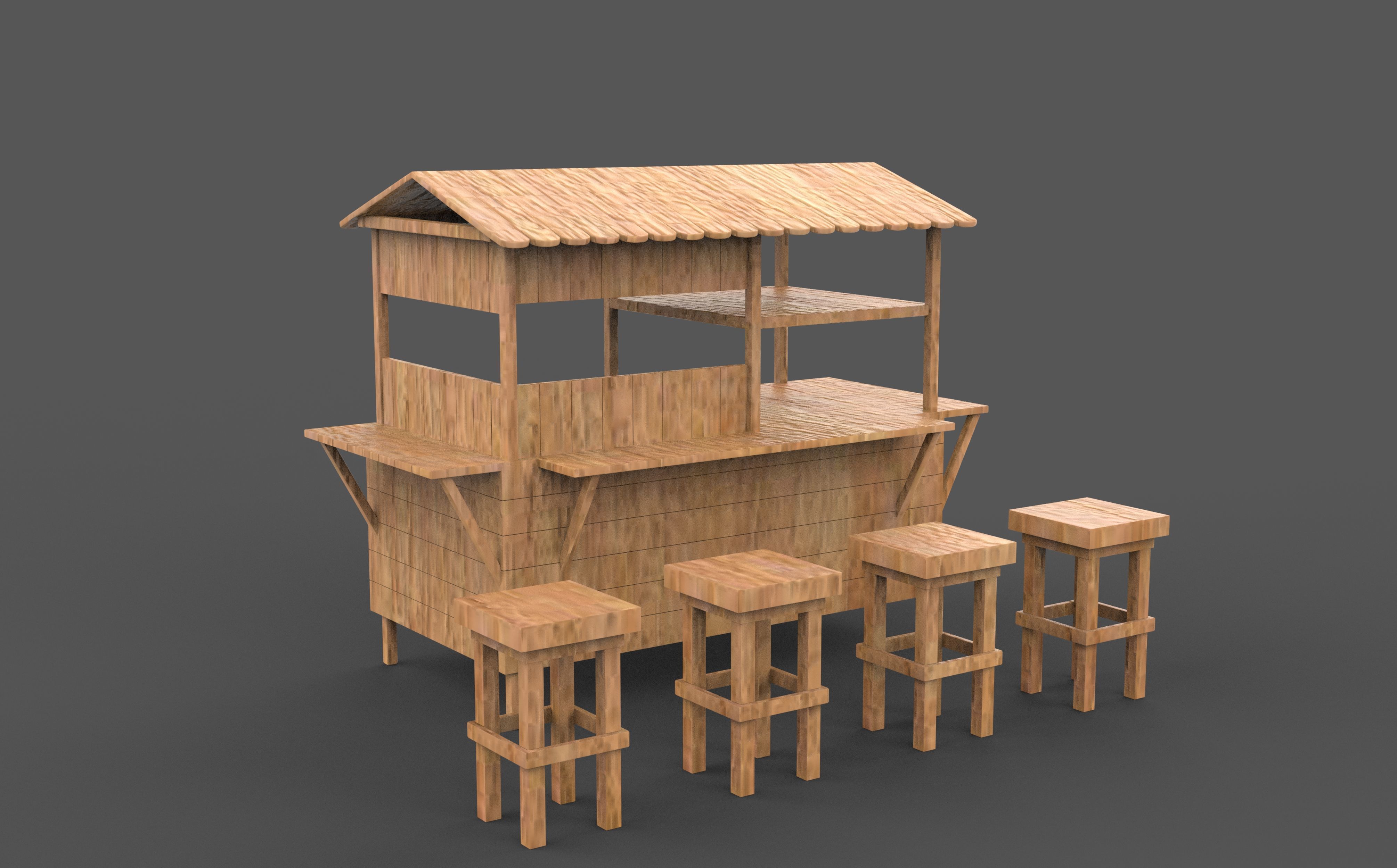 Wooden Cart with Canopy 3D model_7