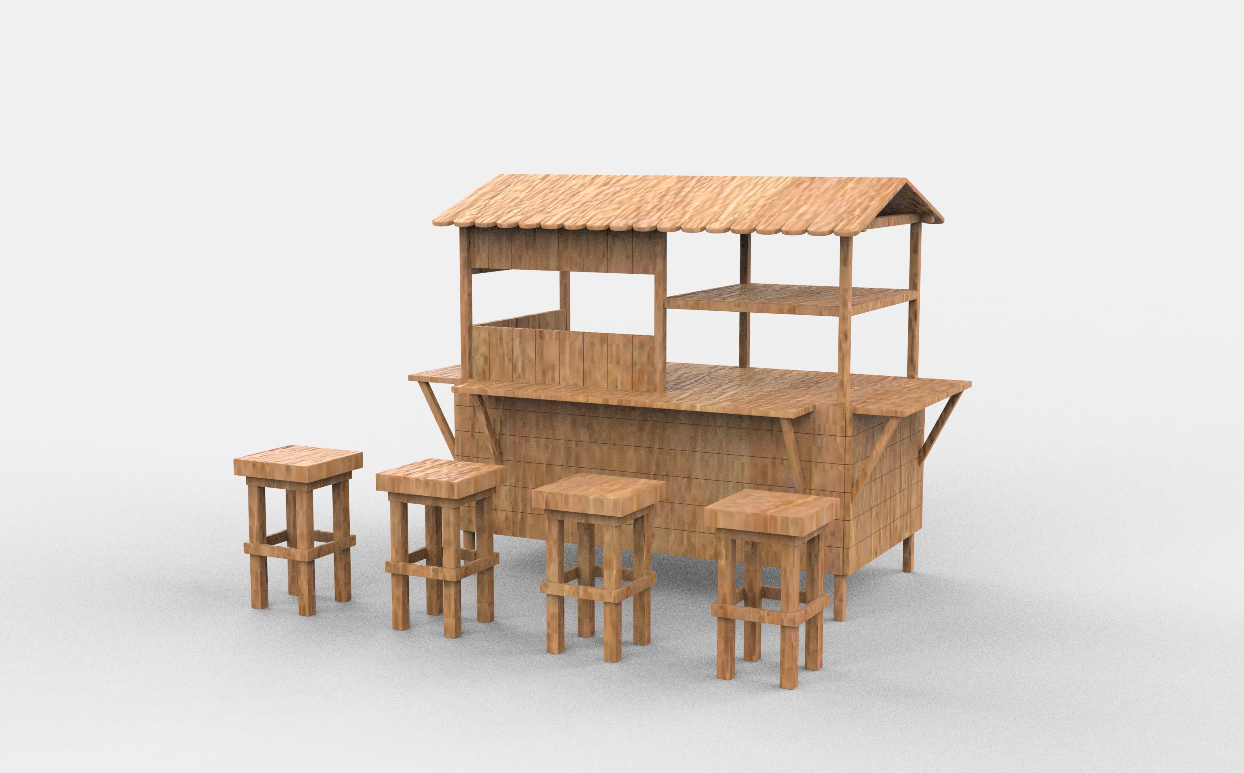 Wooden Cart with Canopy 3D model_8