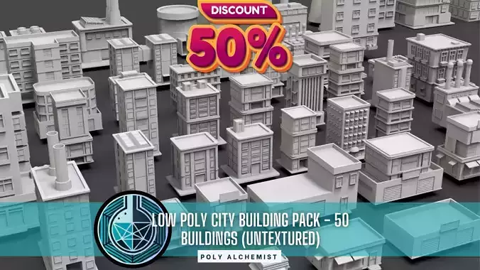 Low Poly City Buildings Pack Of 50 - Game Ready - Untextured  Low-poly 3D model