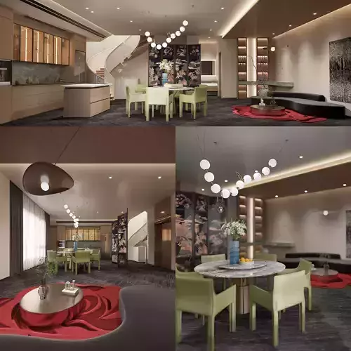 Modern villa living room dining room center island open kitchen 