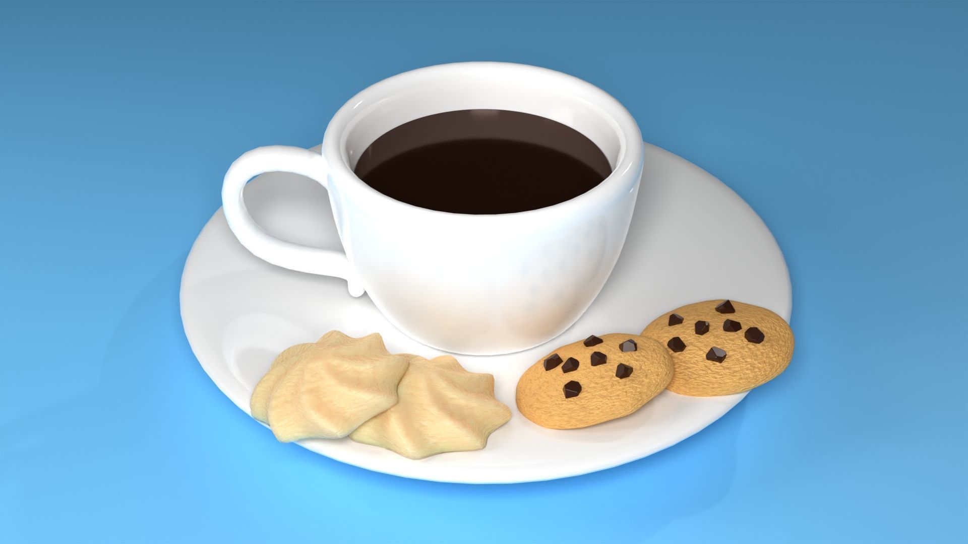 A cup of coffee with cookies and chocolate chip cookies 3D model_1