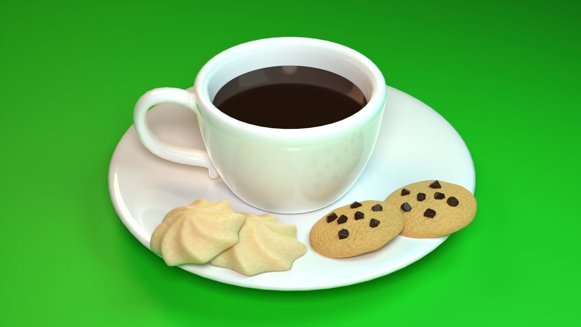 A cup of coffee with cookies and chocolate chip cookies 3D model_2