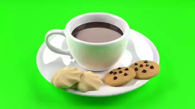 A cup of coffee with cookies and chocolate chip cookies