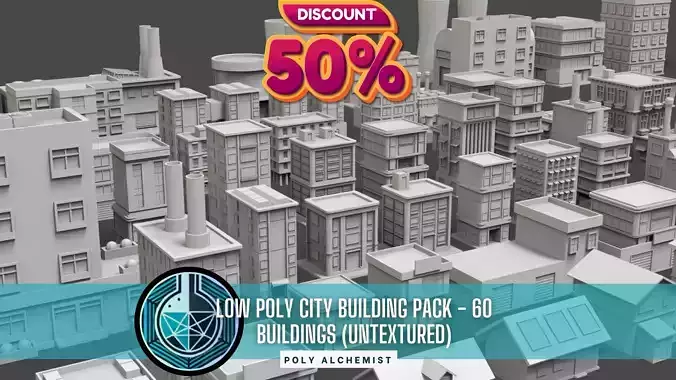 Low Poly City Buildings Pack Of 60 - Game Ready - Untextured  Low-poly 3D model