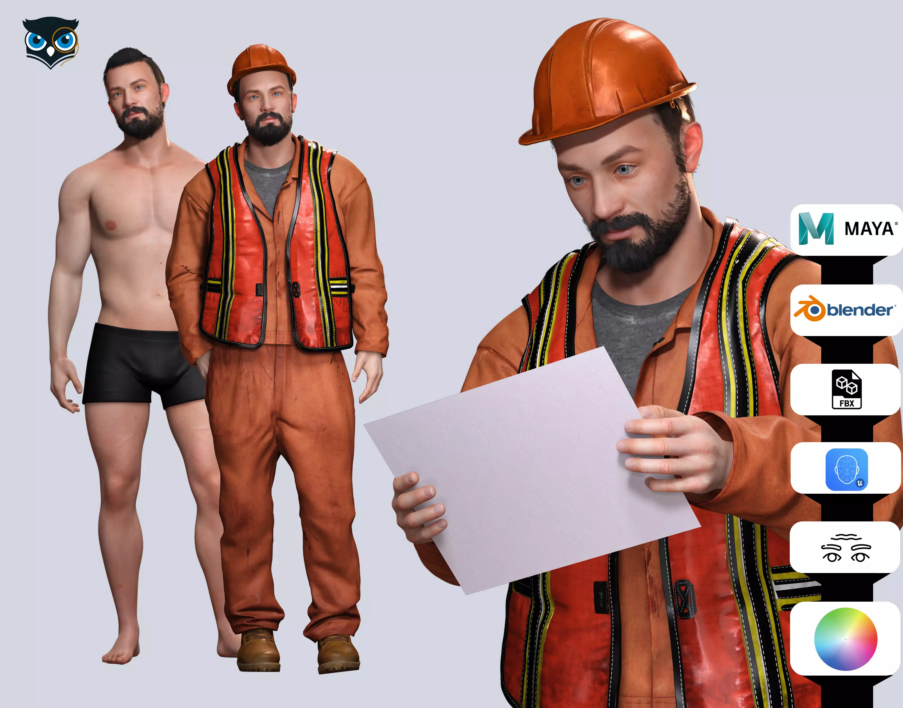 Realistic 3D Construction Worker Character Model Low-poly 3D model_0