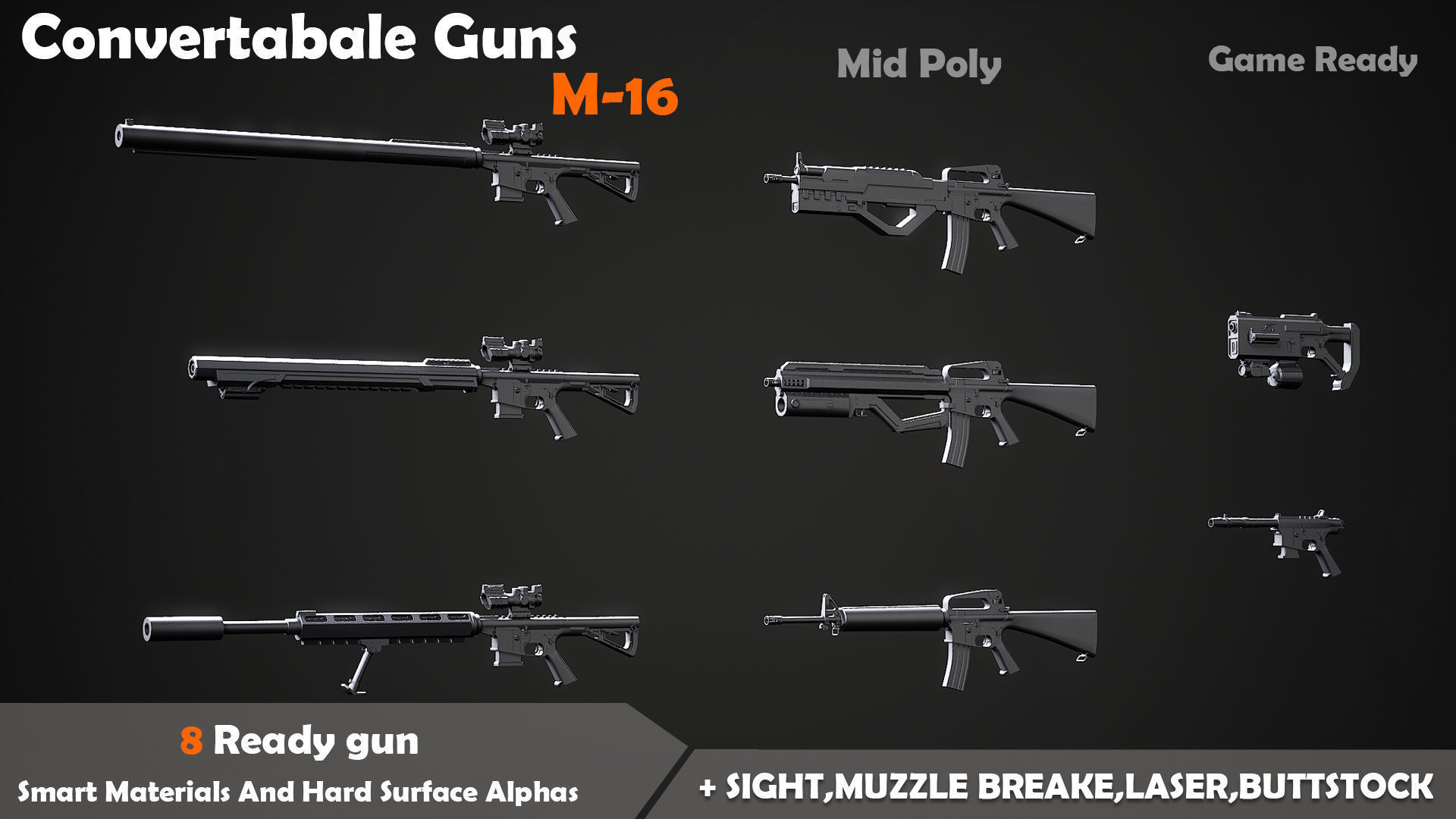 Convertable Guns M16 Low-poly 3D model_3