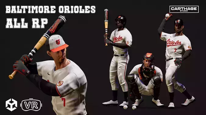 Baltimore Orioles Character And Essential Baseball Equipment Low-poly 3D model