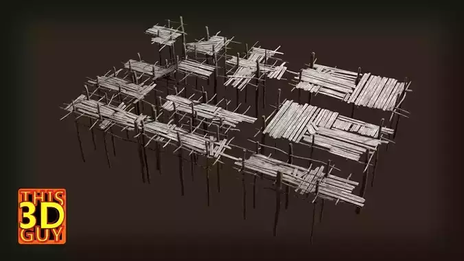 Old rickety wooden walkway set modular Low-poly 3D model
