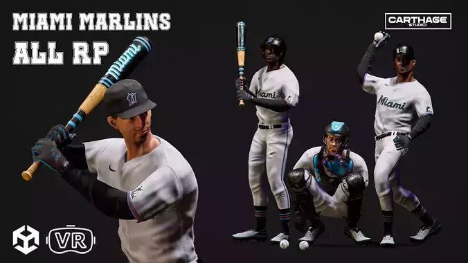 Miami Marlins Character And Essential Baseball Equipment Low-poly 3D model