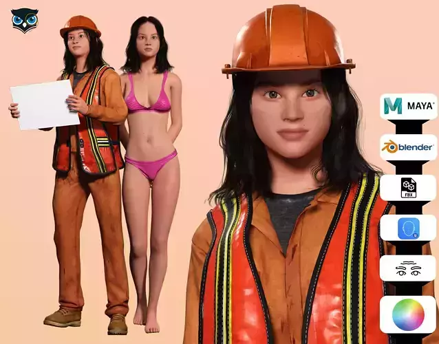 Realistic Female Laborer 3D Model for Construction Projects Low-poly 3D model
