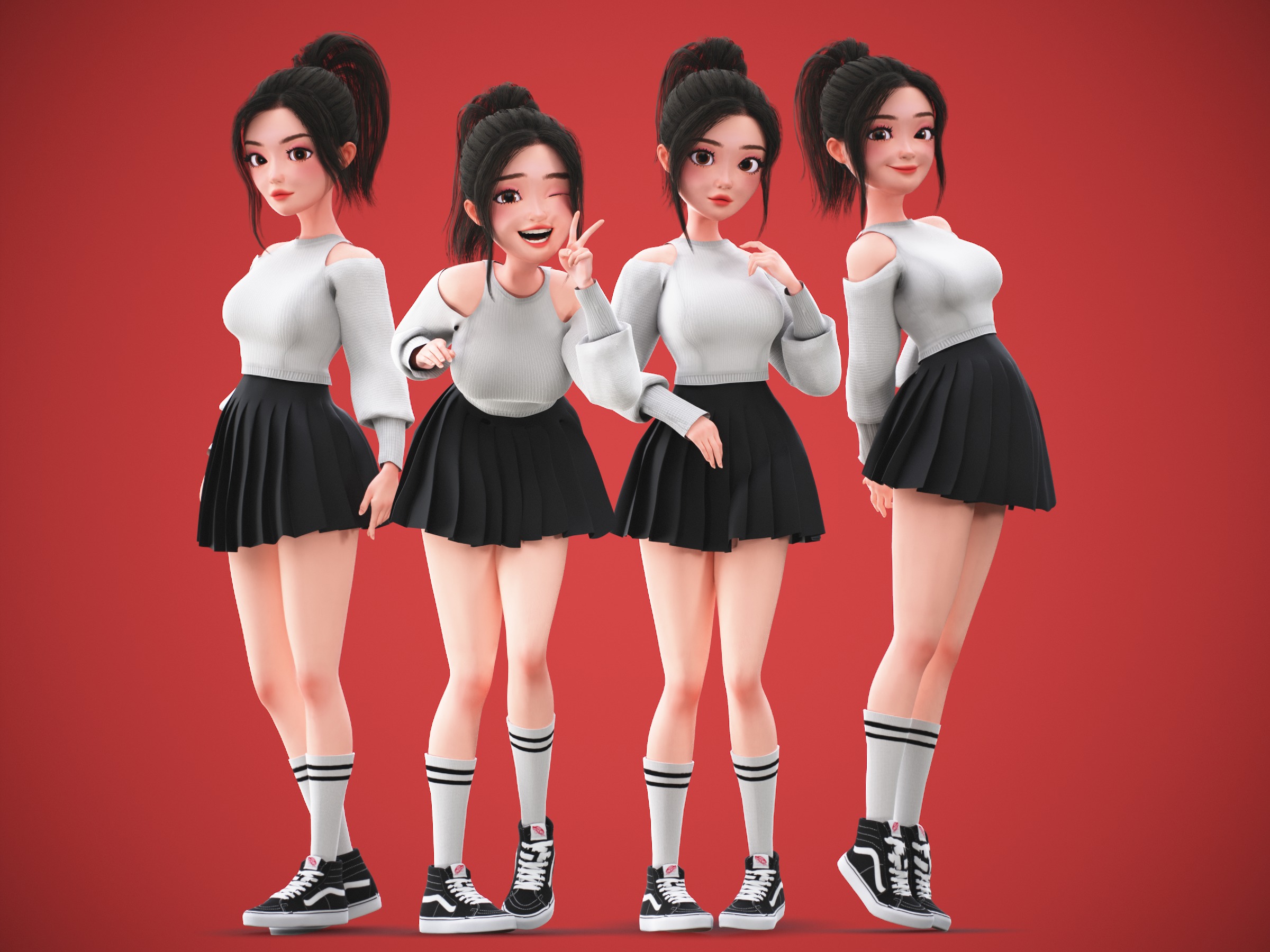 Game Cartoon Korean Girl Character rigged Low-poly 3D model_4