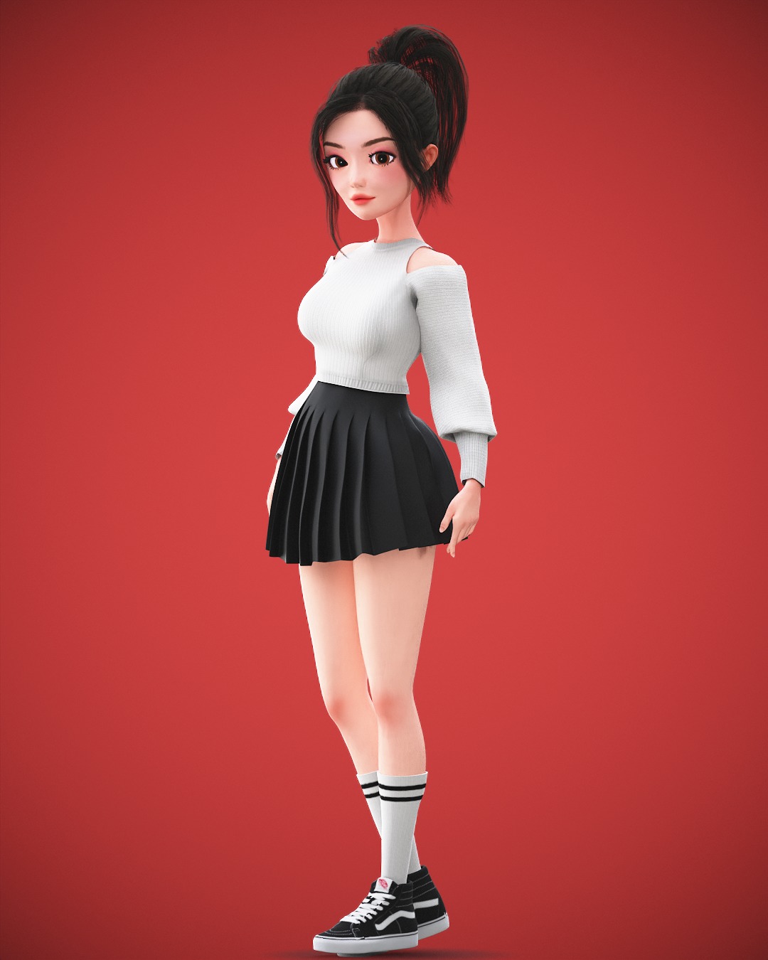 Game Cartoon Korean Girl Character rigged Low-poly 3D model_19