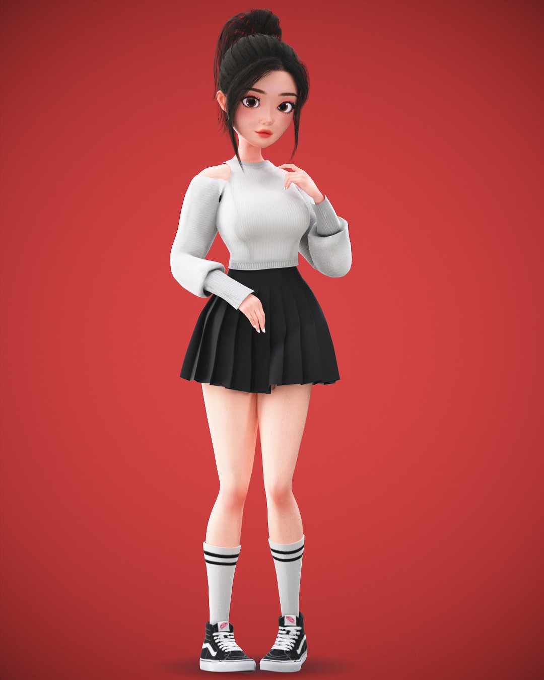 Game Cartoon Korean Girl Character rigged Low-poly 3D model_22