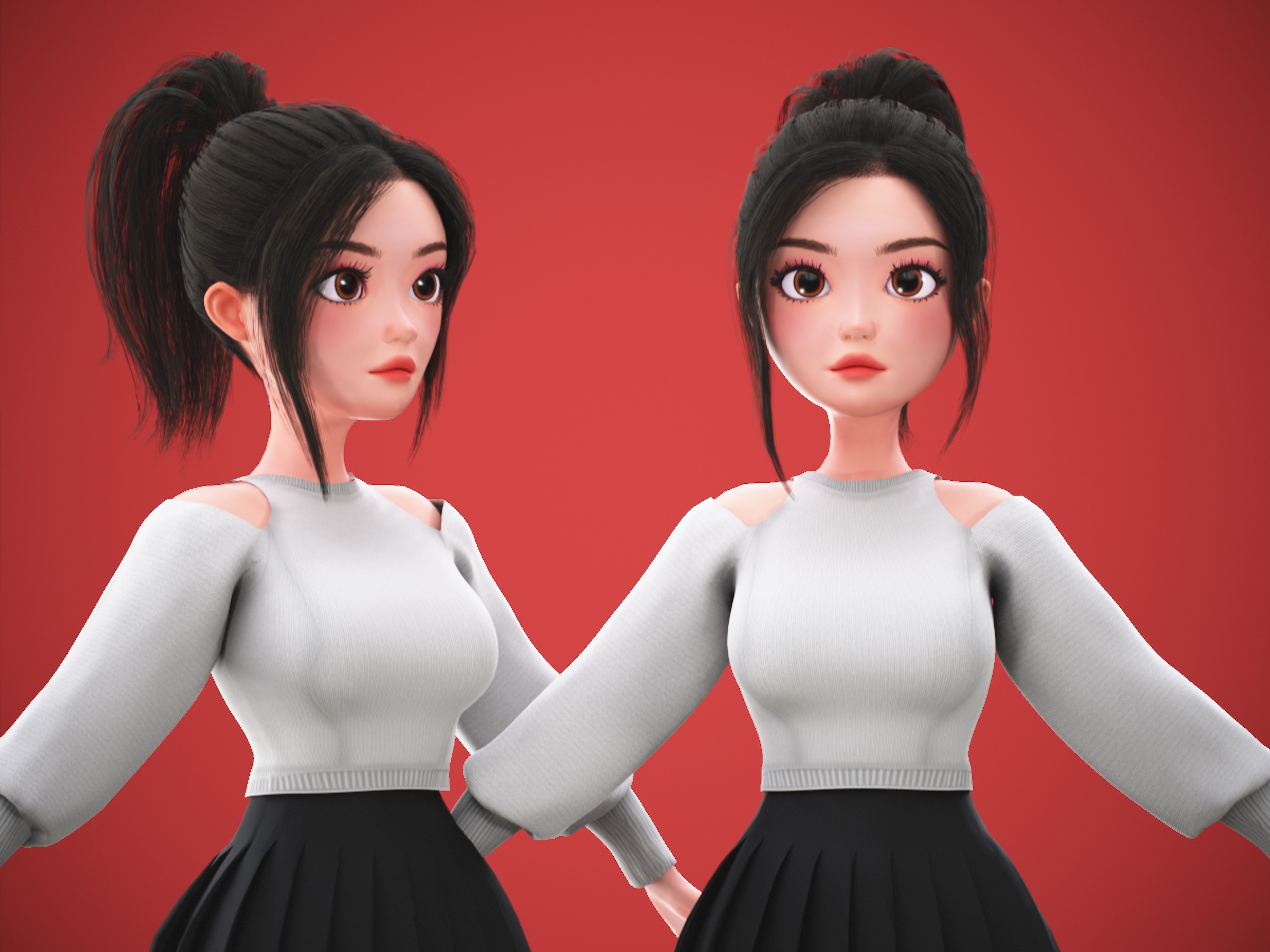 Game Cartoon Korean Girl Character rigged Low-poly 3D model_5