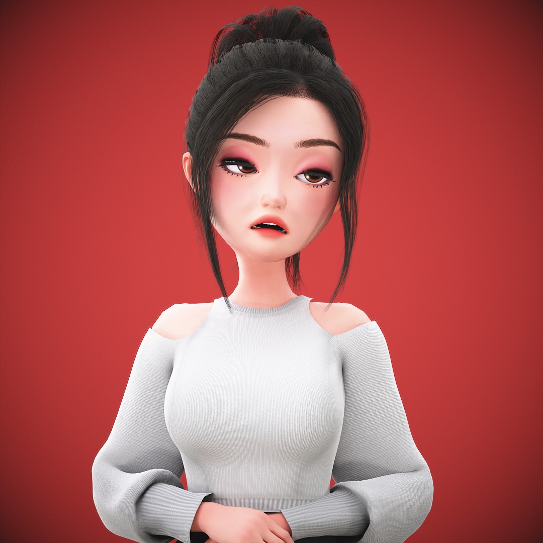 Game Cartoon Korean Girl Character rigged Low-poly 3D model_27