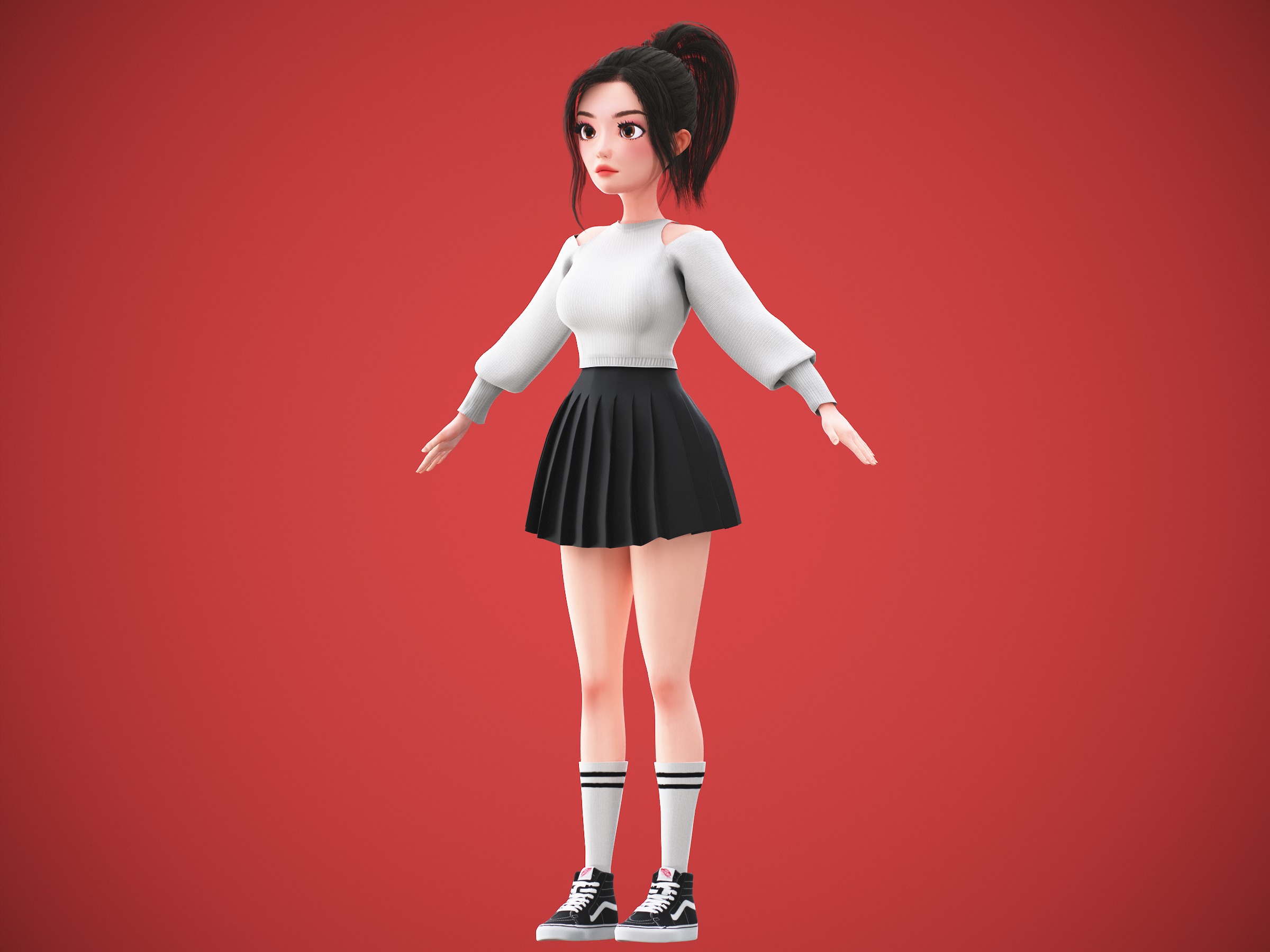 Game Cartoon Korean Girl Character rigged Low-poly 3D model_12