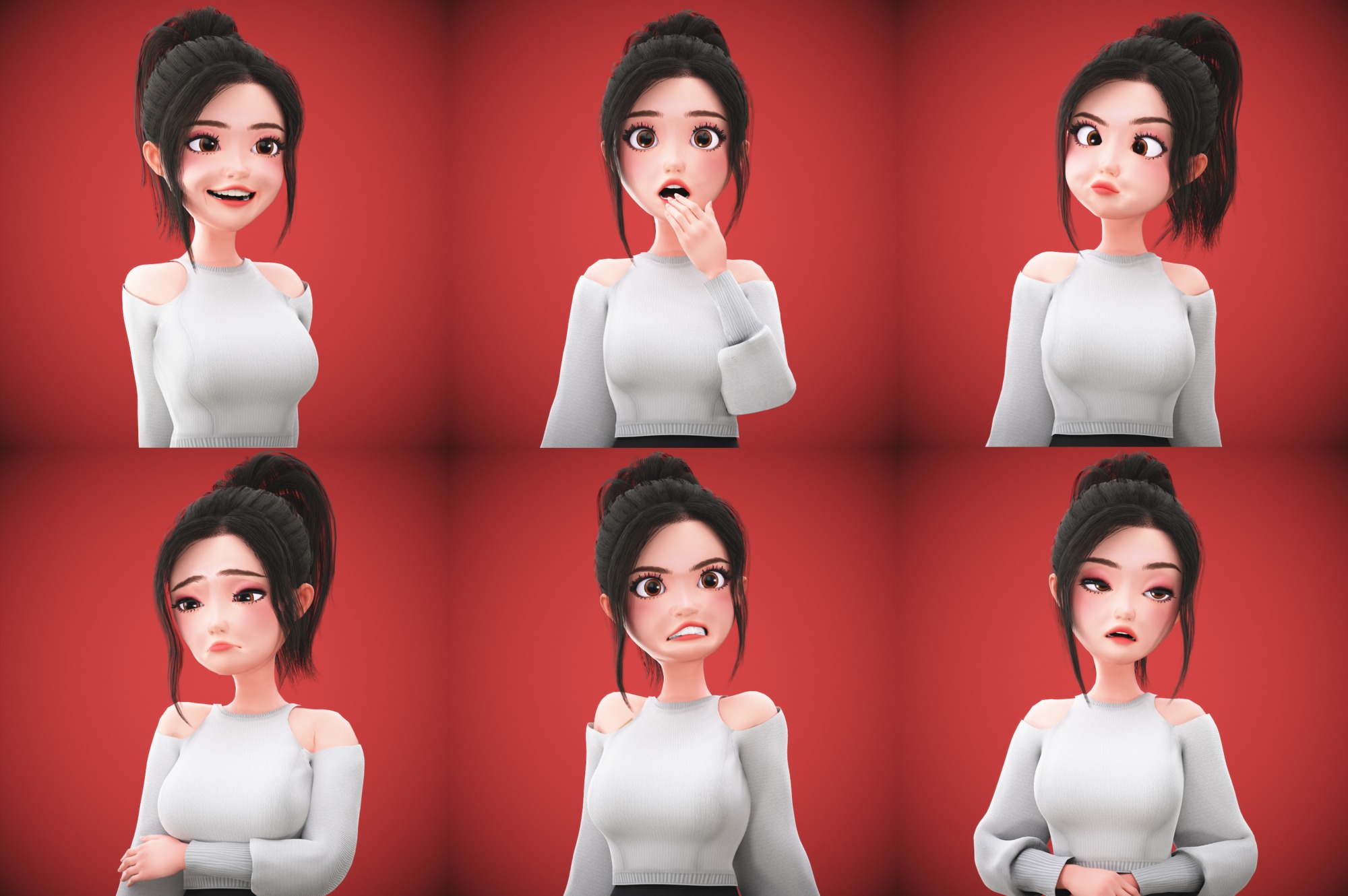 Game Cartoon Korean Girl Character rigged Low-poly 3D model_1