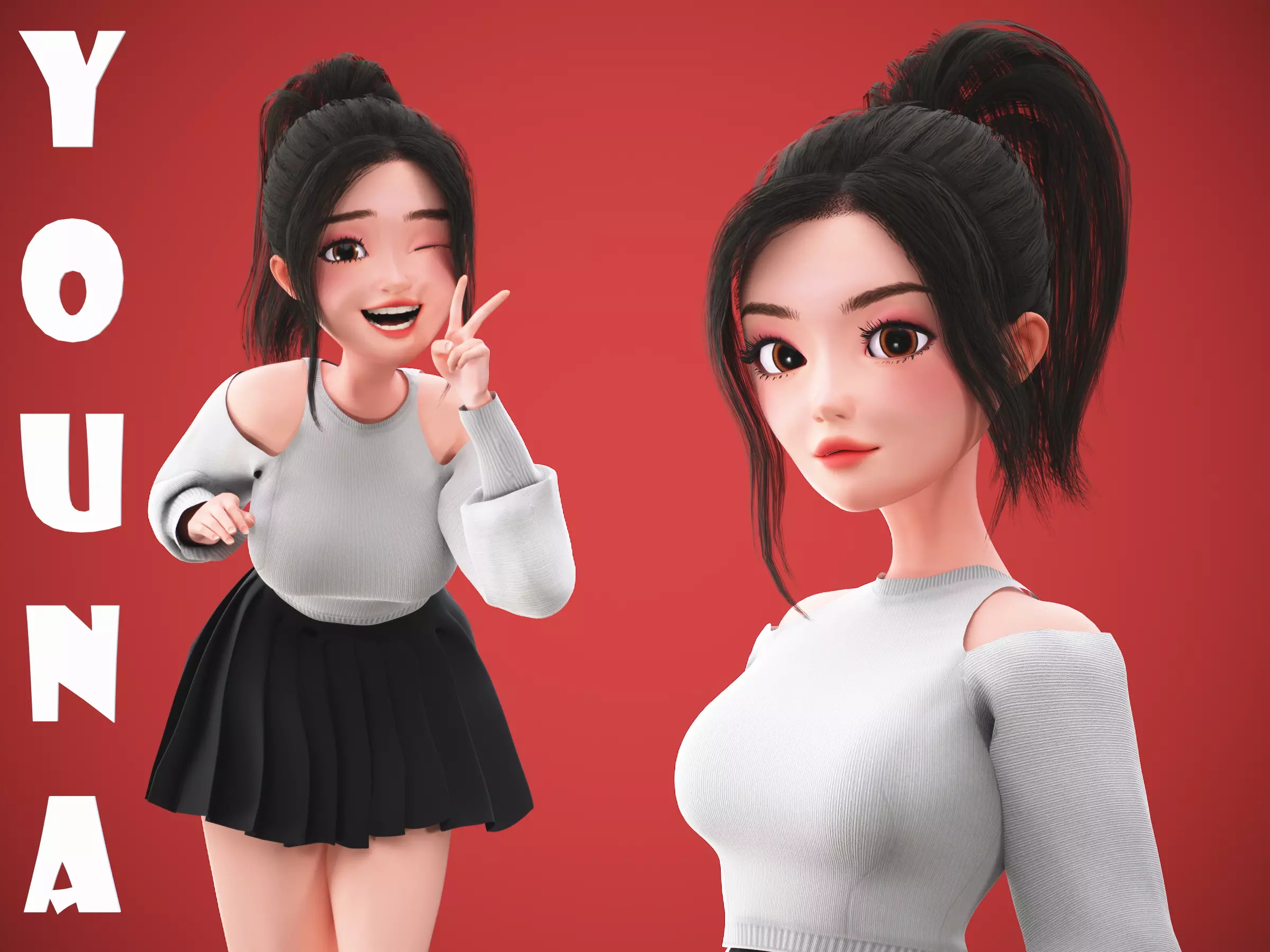 Game Cartoon Korean Girl Character rigged Low-poly 3D model_0