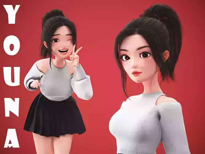 Game Cartoon Korean Girl Character rigged Low-poly 3D model