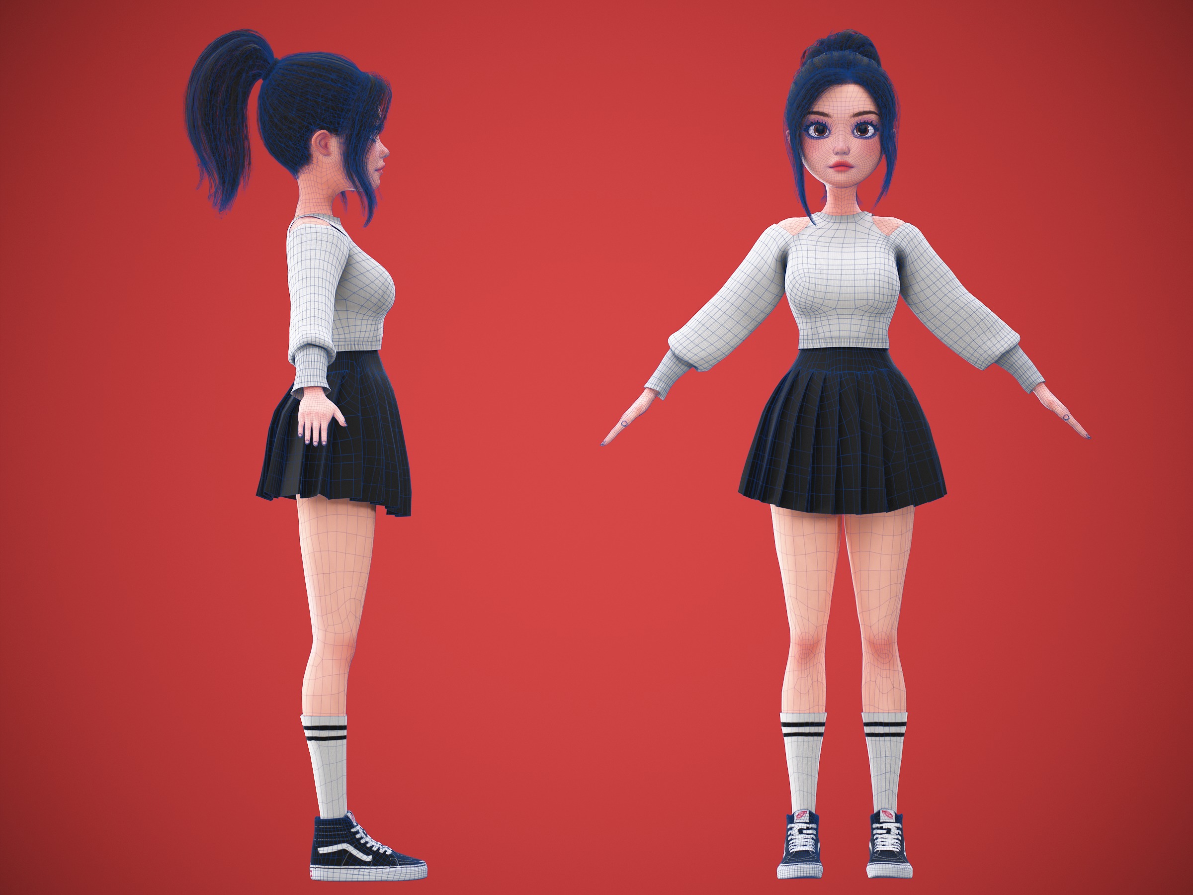 Game Cartoon Korean Girl Character rigged Low-poly 3D model_7