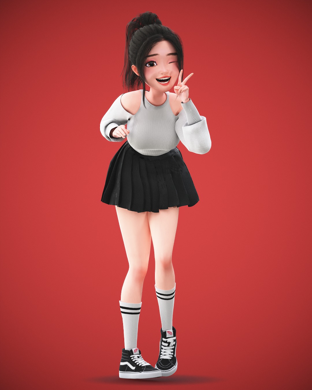 Game Cartoon Korean Girl Character rigged Low-poly 3D model_20