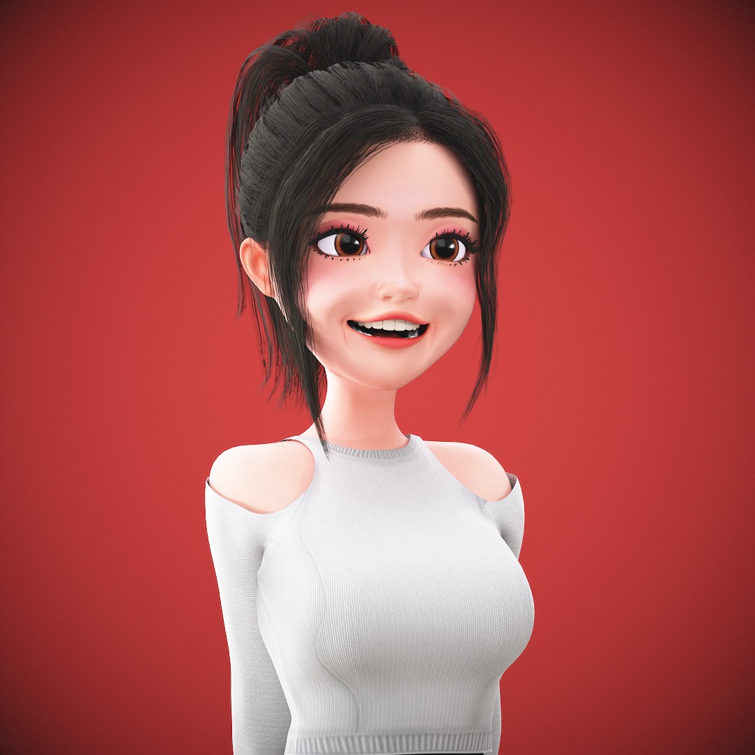 Game Cartoon Korean Girl Character rigged Low-poly 3D model_23