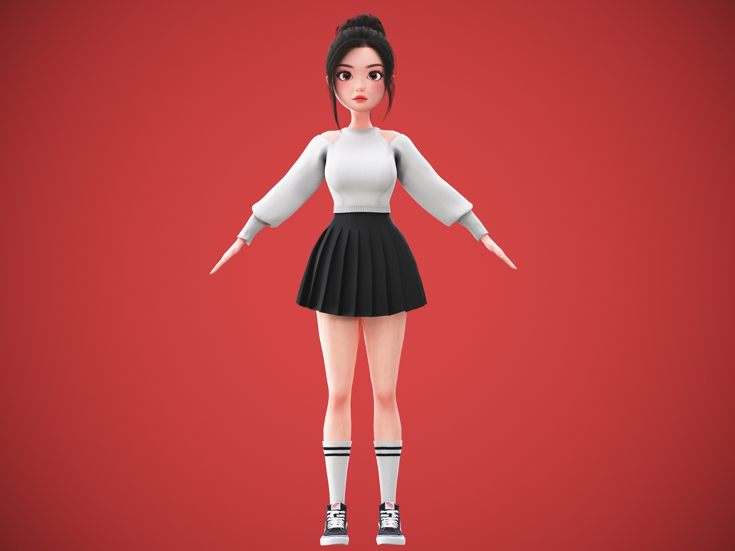 Game Cartoon Korean Girl Character rigged Low-poly 3D model_13