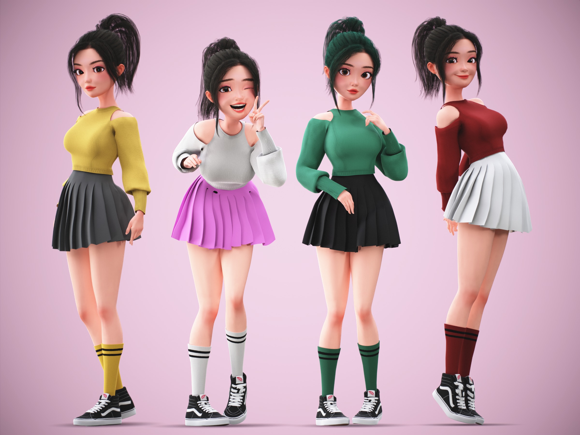 Game Cartoon Korean Girl Character rigged Low-poly 3D model_10