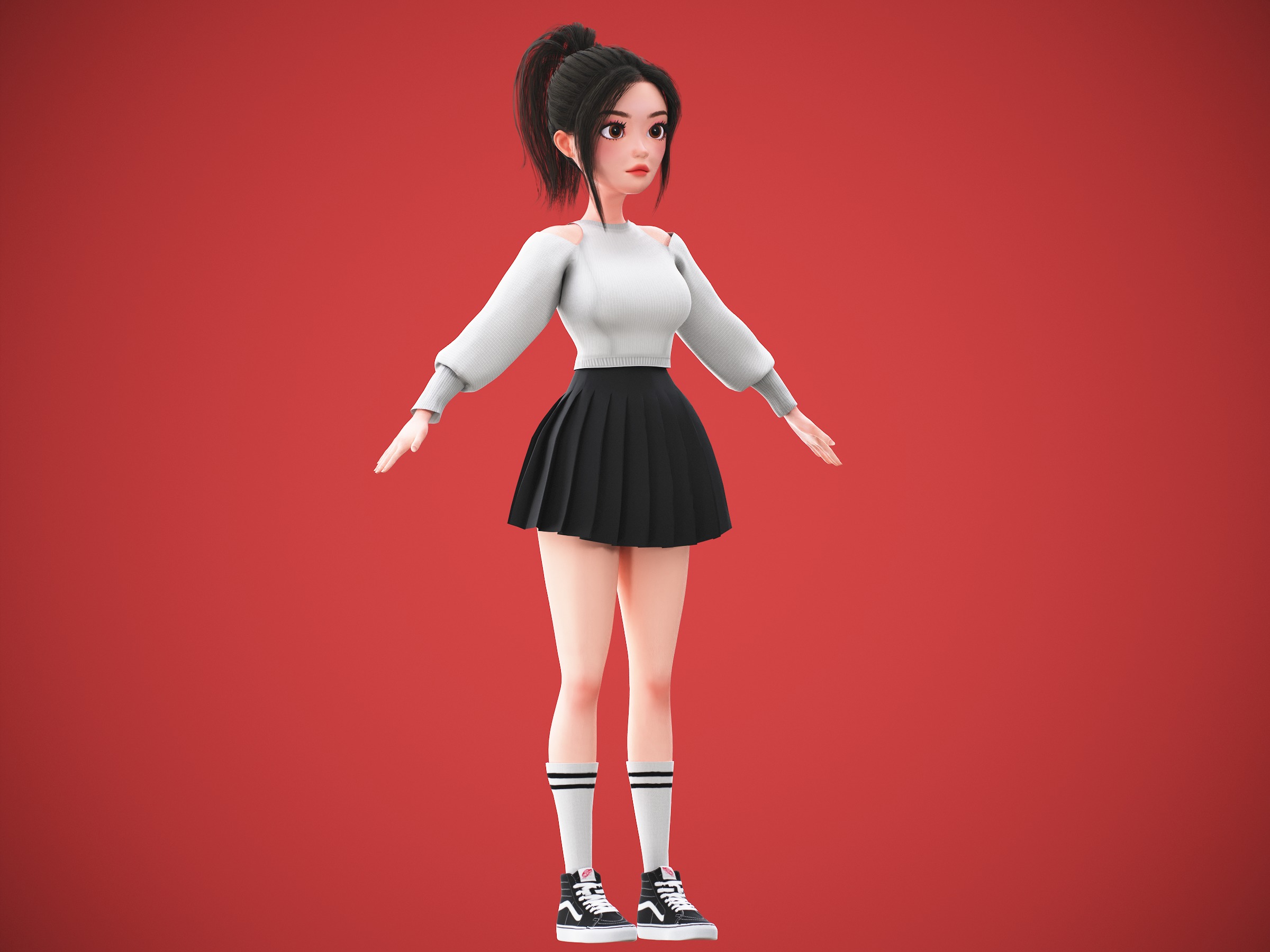 Game Cartoon Korean Girl Character rigged Low-poly 3D model_17