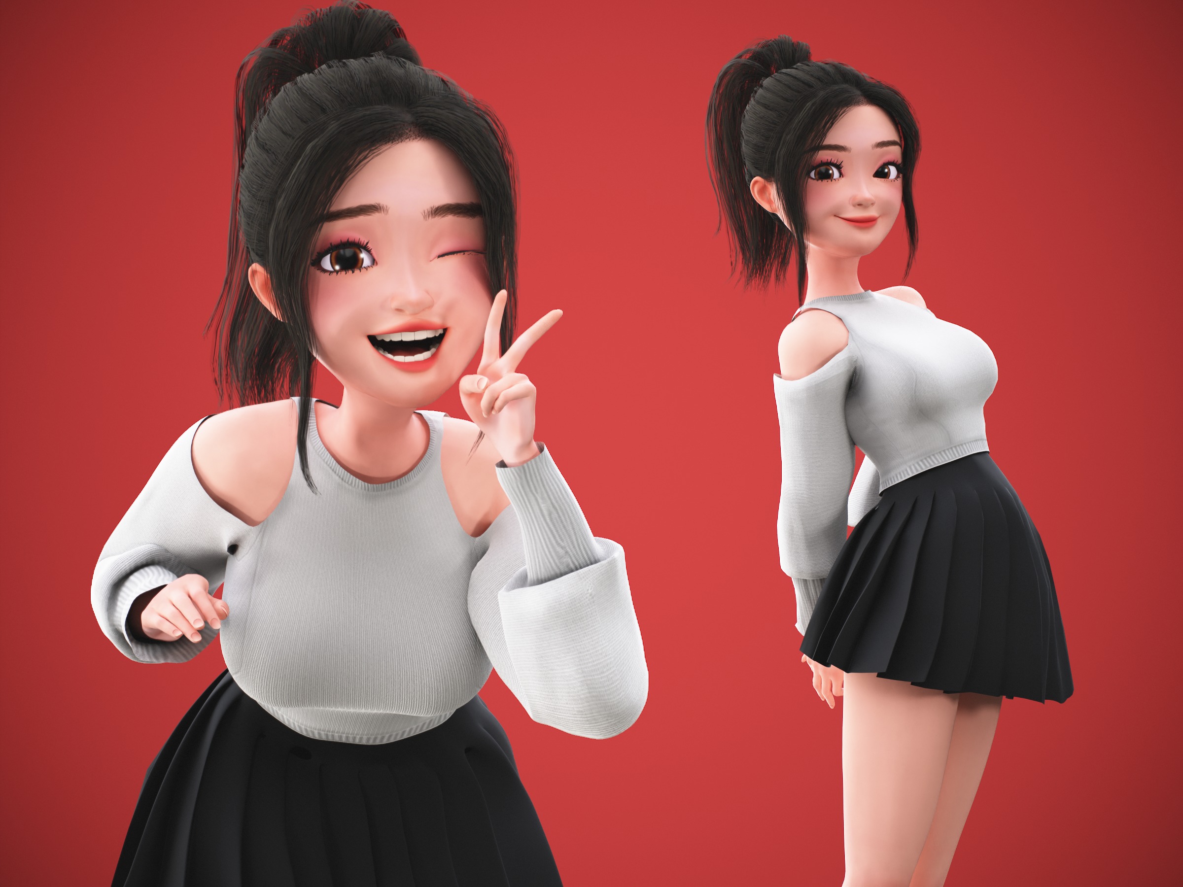 Game Cartoon Korean Girl Character rigged Low-poly 3D model_3