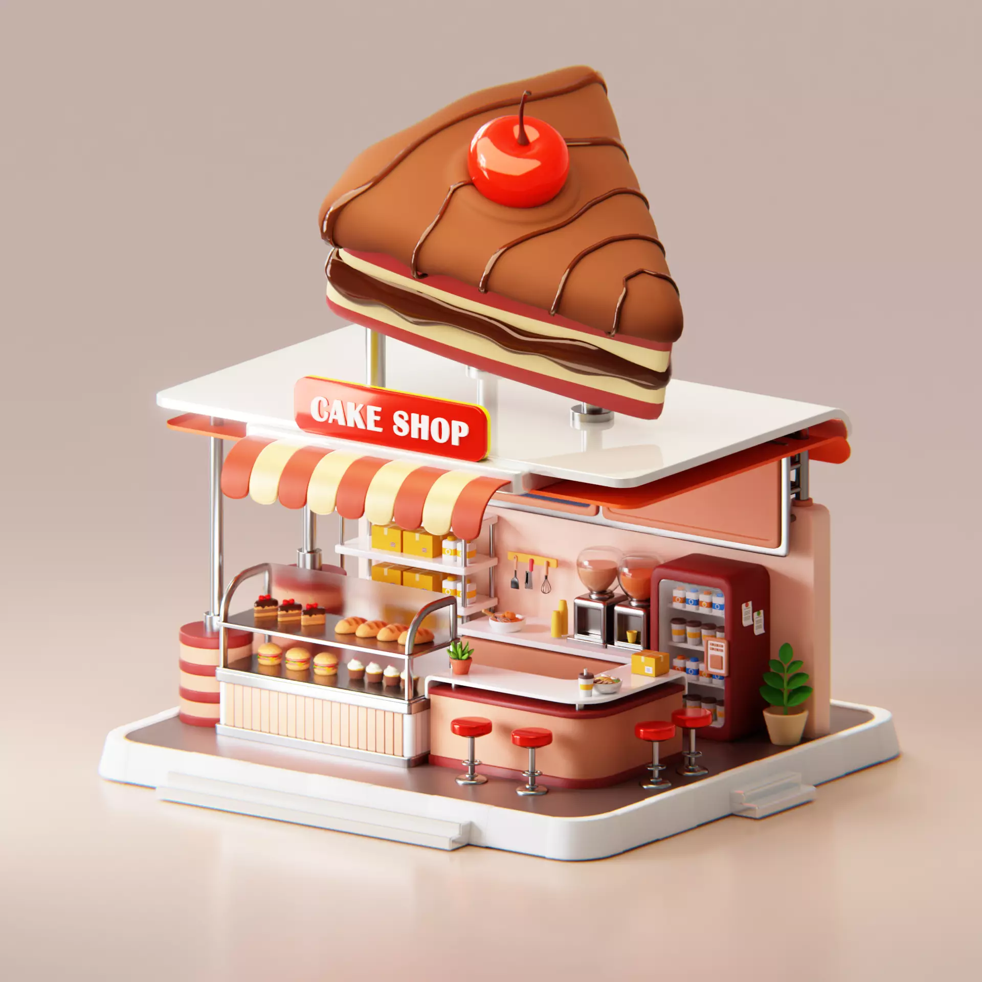 Slice Choco Cherry Cake Shop Low Poly 3D model_0