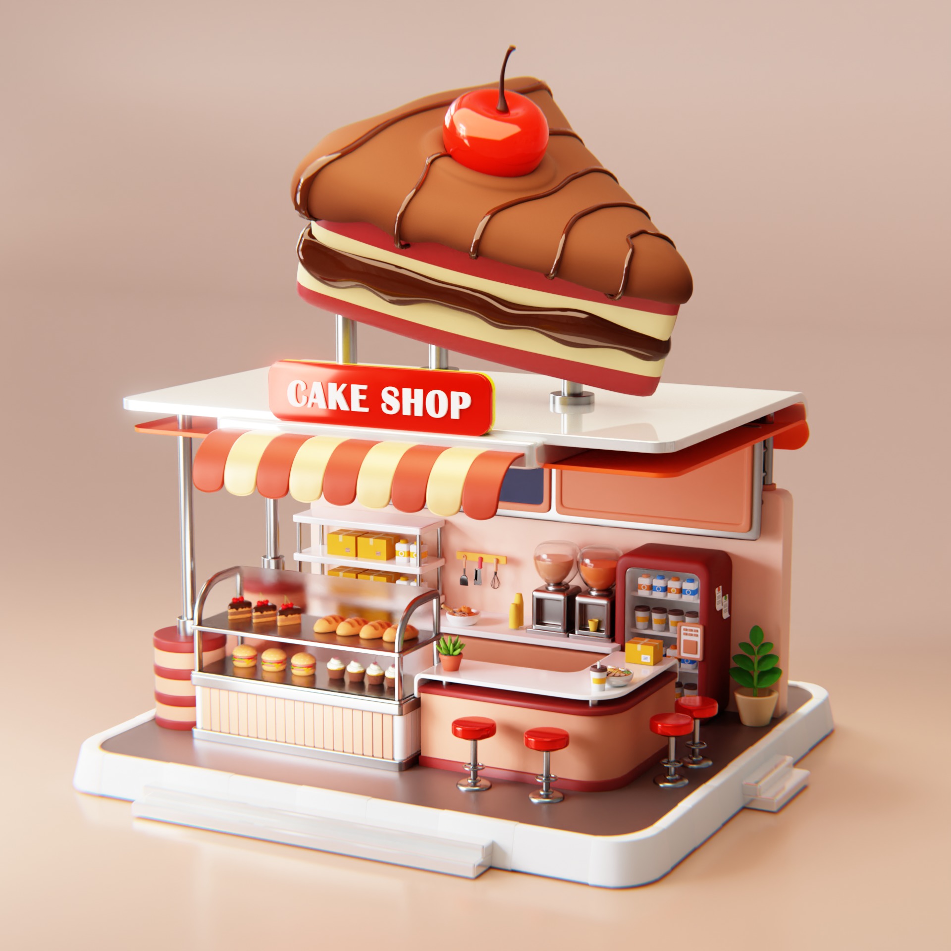 Slice Choco Cherry Cake Shop Low Poly 3D model_2