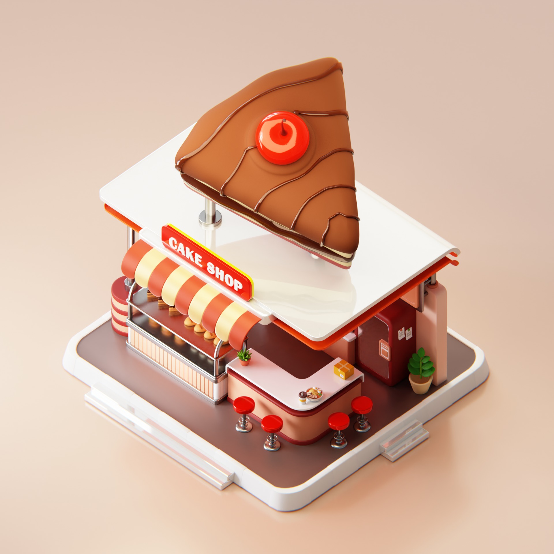 Slice Choco Cherry Cake Shop Low Poly 3D model_3