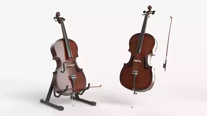  Cello Music instrument with Bow and Stand 3D model