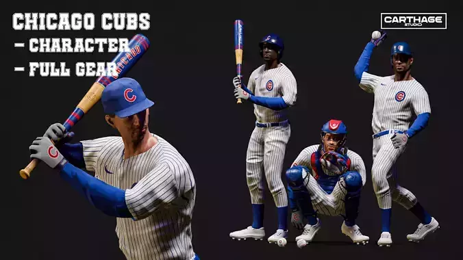 Chicago Cubs Character And Essential Baseball Equipment Low-poly 3D model