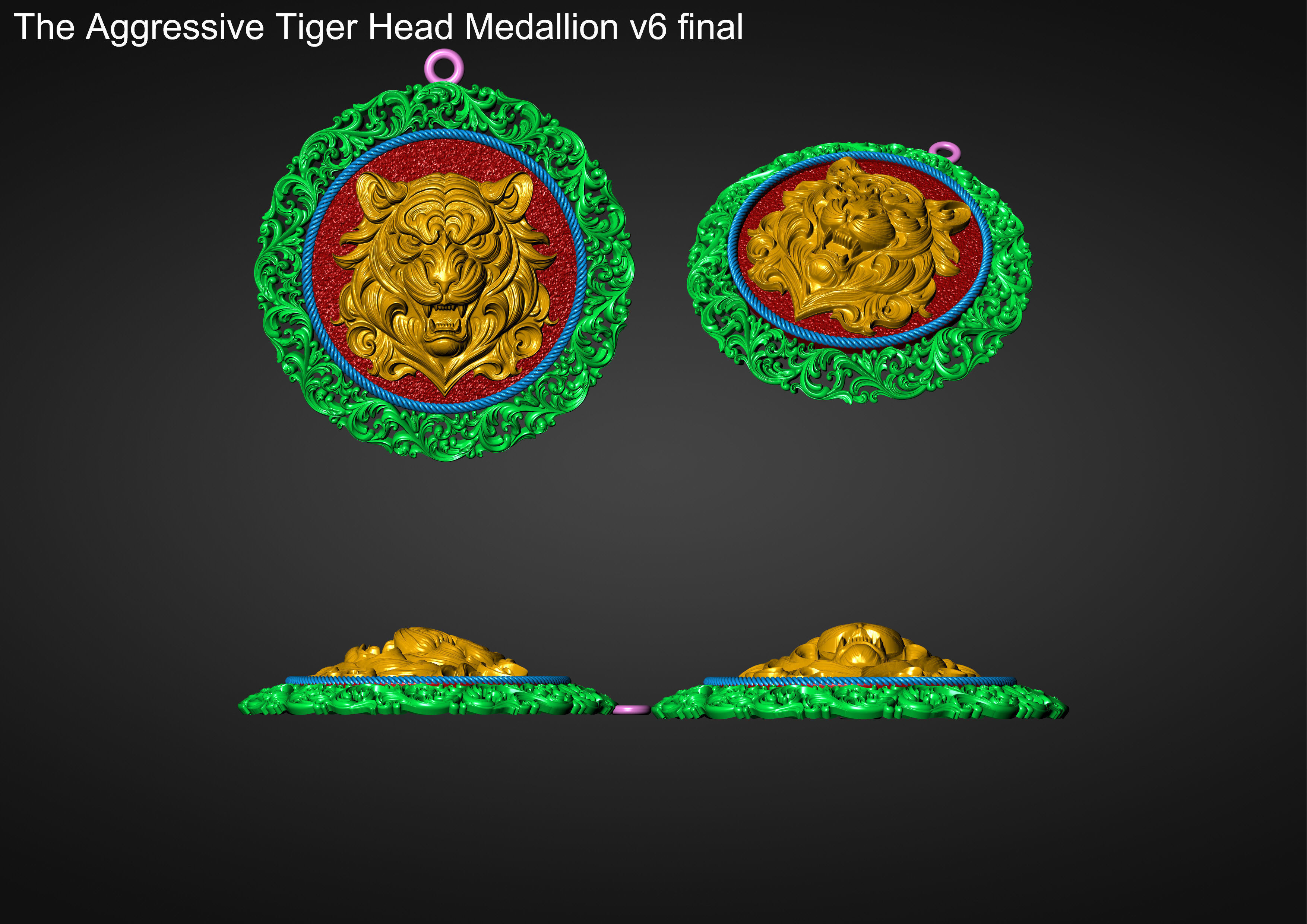 The Aggressive Tiger Head carving frame medallion v6  Pendant 3D print model_22