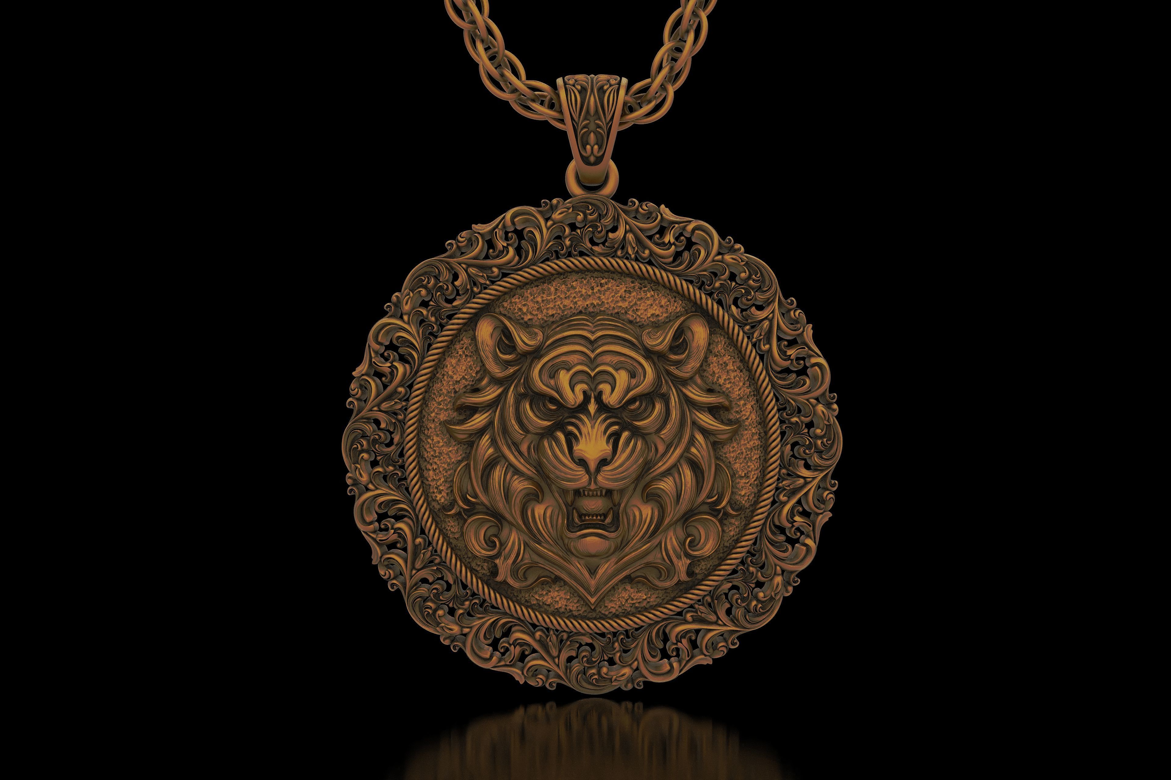 The Aggressive Tiger Head carving frame medallion v6  Pendant 3D print model_3
