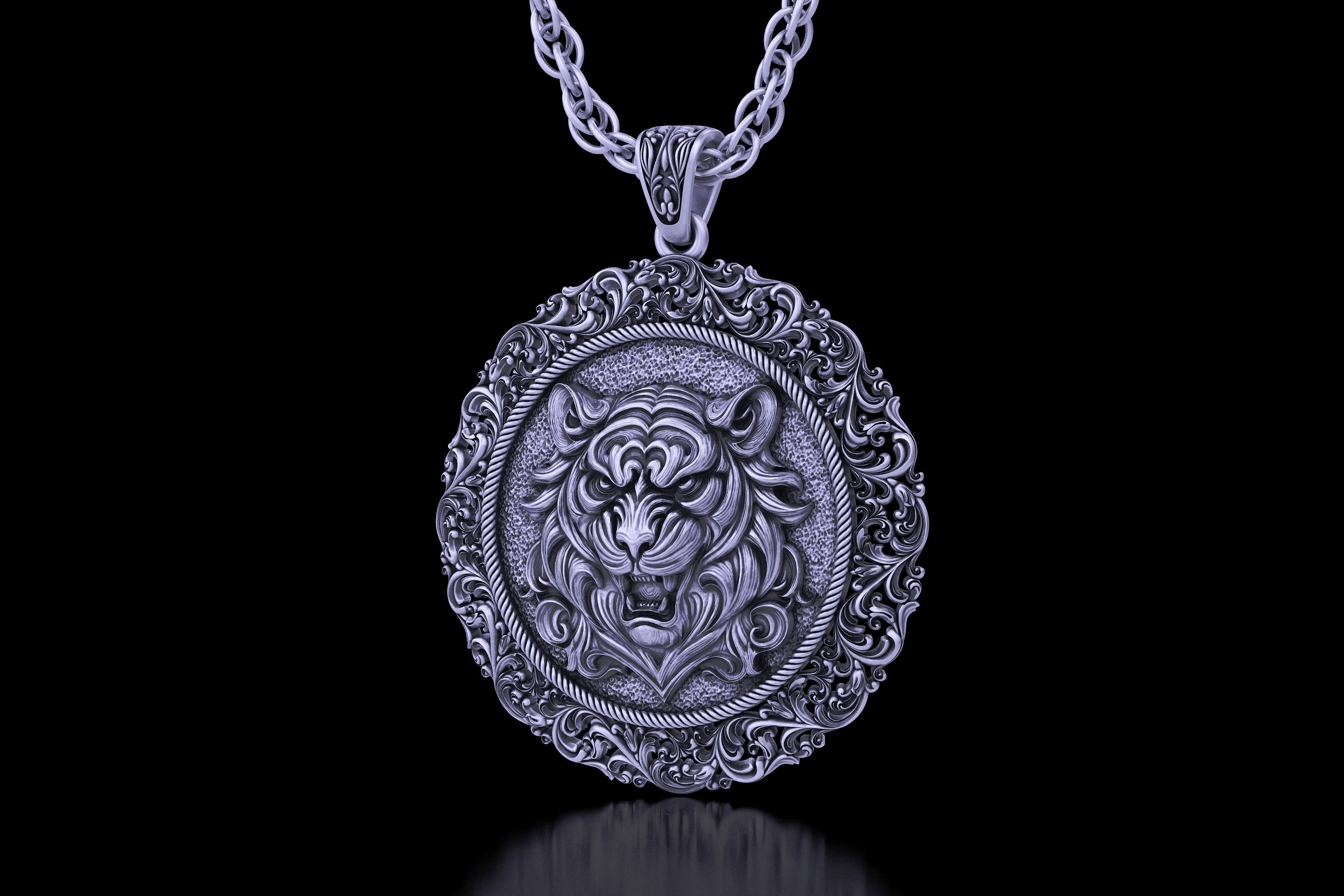 The Aggressive Tiger Head carving frame medallion v6  Pendant 3D print model_11