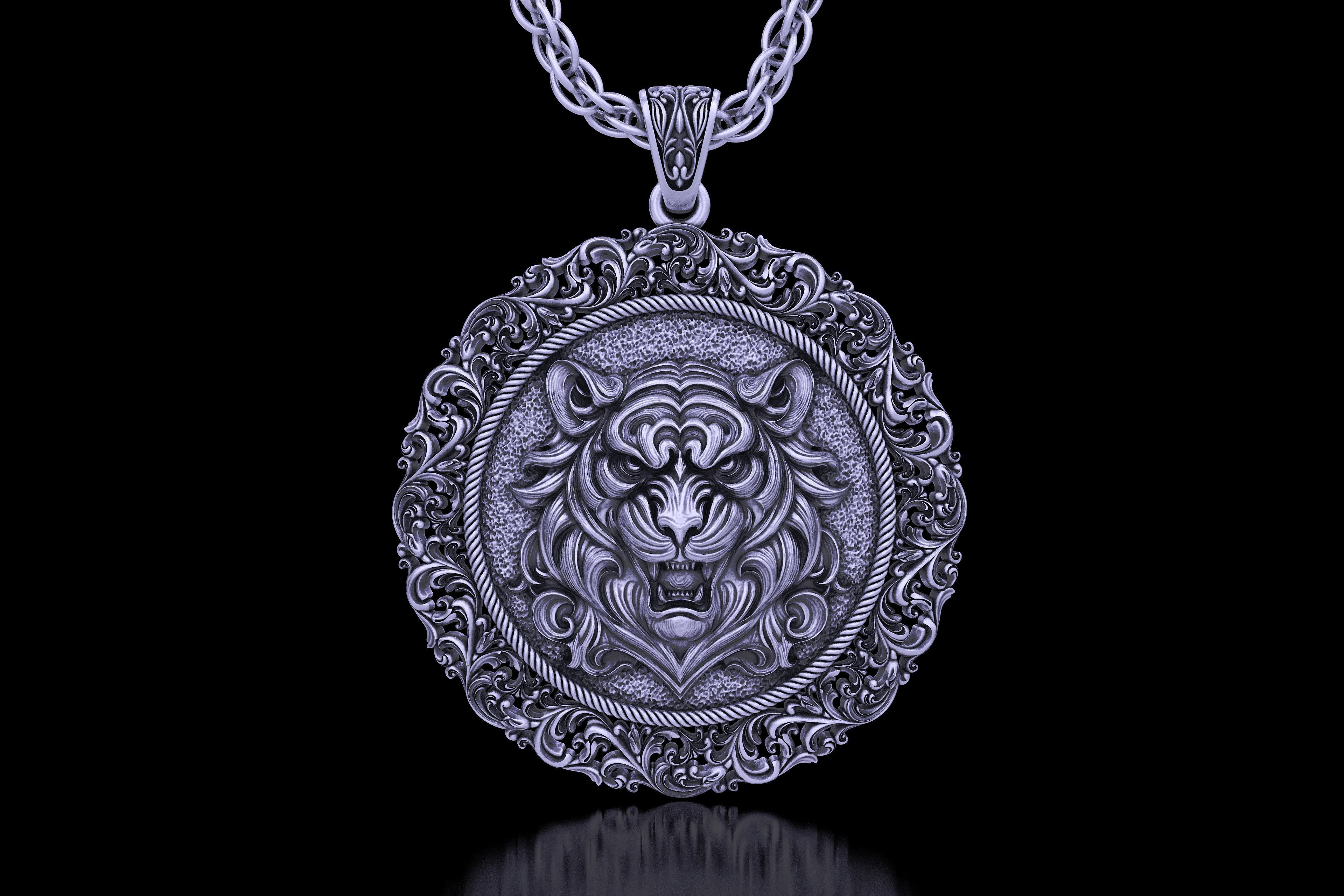 The Aggressive Tiger Head carving frame medallion v6  Pendant 3D print model_0
