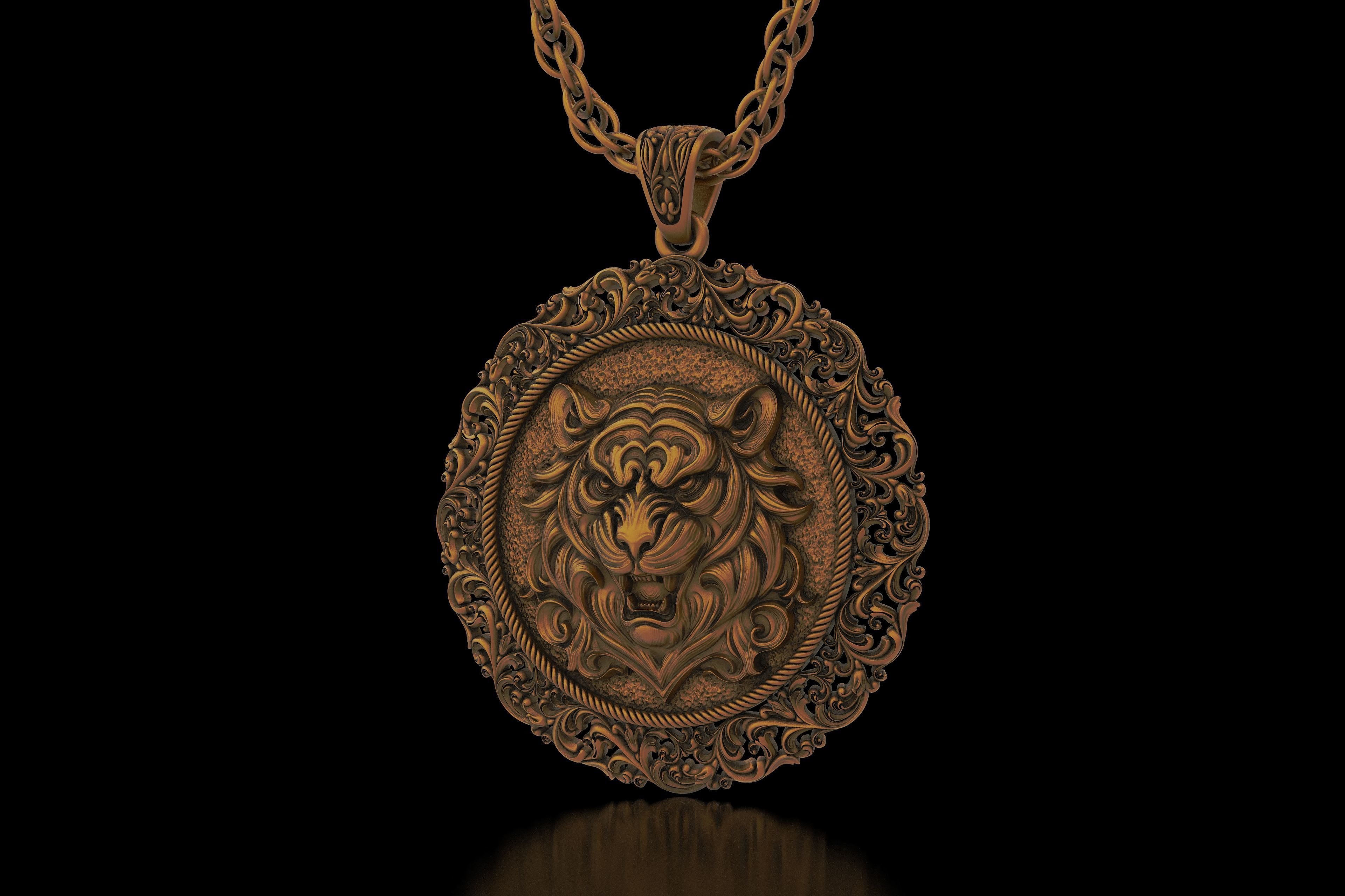 The Aggressive Tiger Head carving frame medallion v6  Pendant 3D print model_4