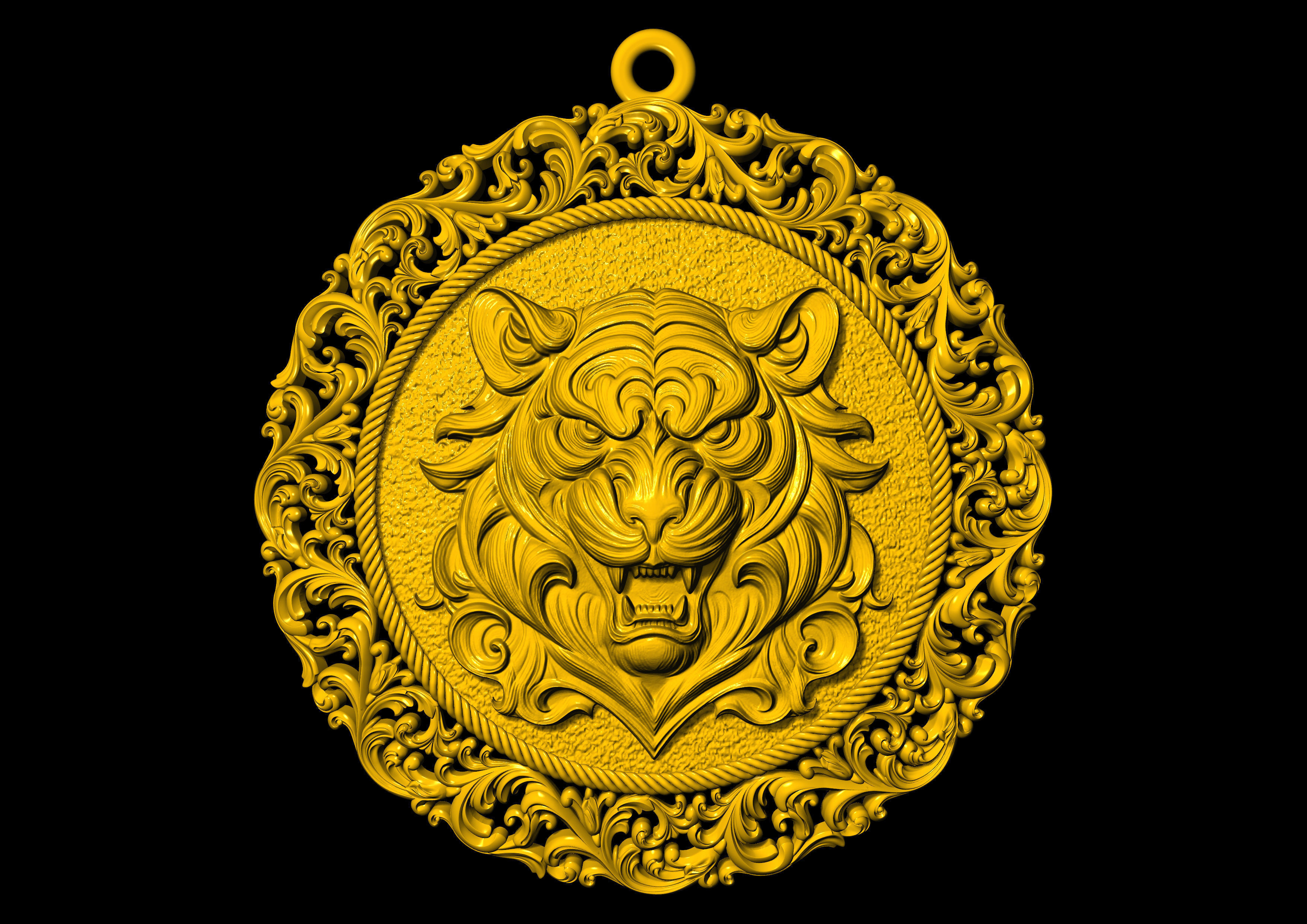 The Aggressive Tiger Head carving frame medallion v6  Pendant 3D print model_1