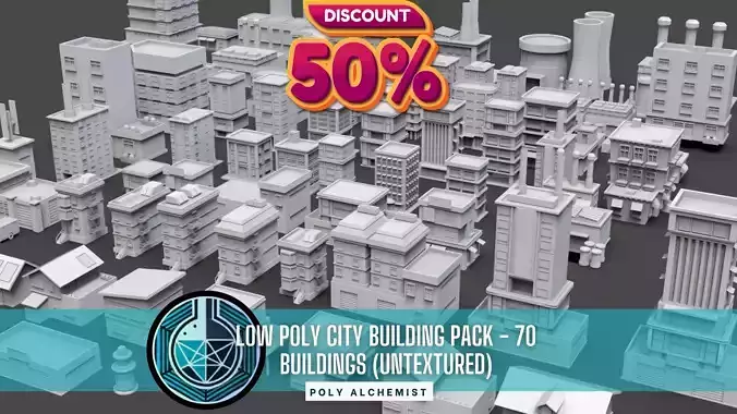 Low Poly City Buildings Pack Of 70 - Game Ready - Untextured  Low-poly 3D model