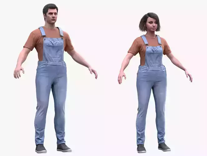 Overall Outfit 6 - Male - Female MH - UE5 Skeletons - Rigged Low-poly 3D model